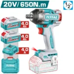 Llave de impacto inalámbrica TOTAL 20V con cuadradillo de 1/2" y torque de 650 Nm.