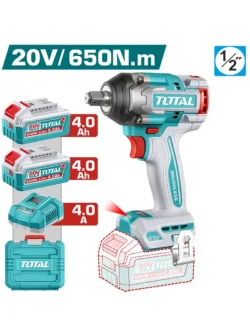 Llave de impacto inalámbrica TOTAL 20V con cuadradillo de 1/2" y torque de 650 Nm.
