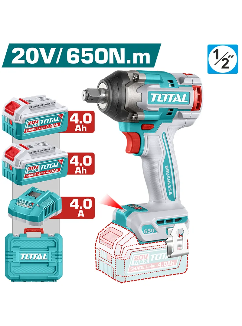 Llave de impacto inalámbrica TOTAL 20V 1/2" 650 Nm Llave de impacto inalámbrica TOTAL 20V con cuadradillo de 1/2" y torque de 650 Nm.