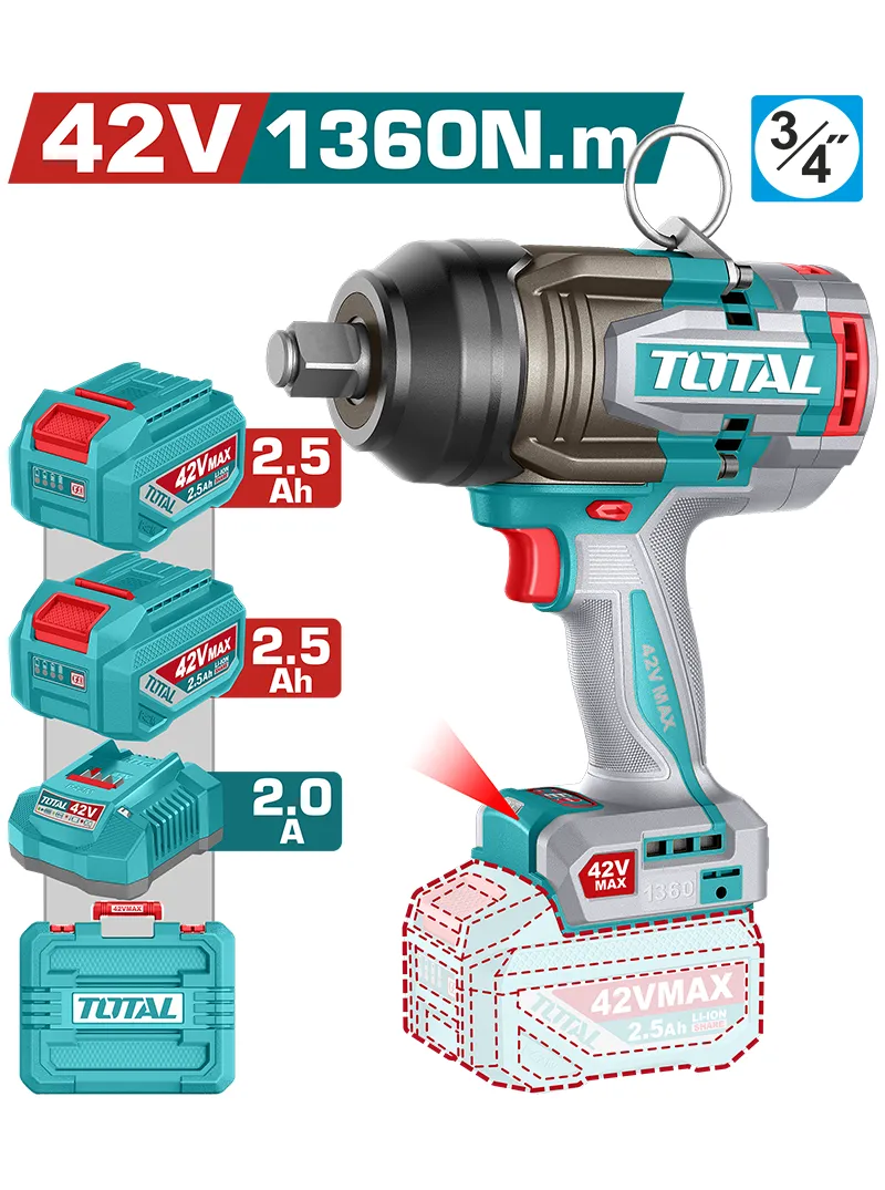 Llave de impacto inalámbrica TOTAL 42V 3/4" 1360 Nm Llave de impacto inalámbrica TOTAL 42V con cuadrado de accionamiento de 3/4" y torque de 1360 Nm.