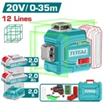 Nivel láser verde TOTAL 20V con una línea horizontal y dos líneas verticales de 360°