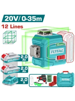 Nivel láser verde TOTAL 20V con una línea horizontal y dos líneas verticales de 360°