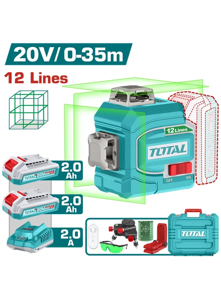 Nivel láser verde TOTAL 20V con una línea horizontal y dos líneas verticales de 360°