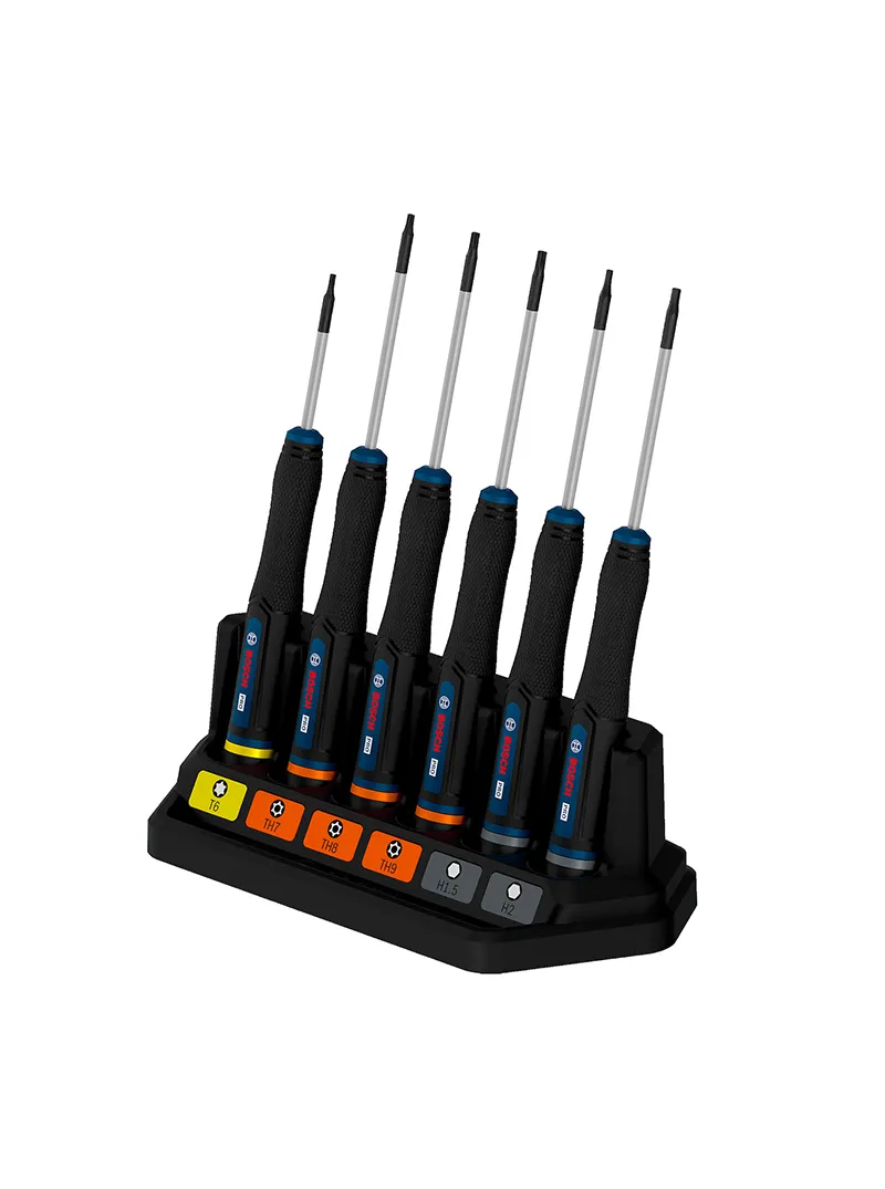 Destornillador tipo joyero TX - TH - H 6 piezas Bosch Juego de destornilladores tipo joyero Bosch de 6 piezas con puntas Torx, Torx de seguridad y Bristol para trabajos de precisión.
