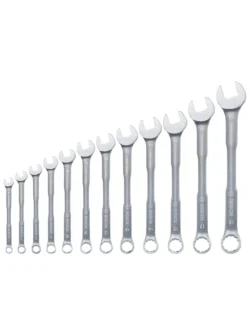 Juego de llaves combinadas Bosch de 12 piezas con medidas de 6 a 19 mm para ajuste y desajuste de tuercas y tornillos.