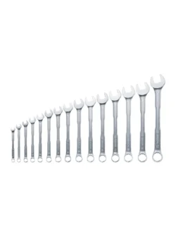 Juego de llaves combinadas Bosch de 15 piezas con medidas de 6 a 21 mm para ajuste y desajuste de tuercas y tornillos.