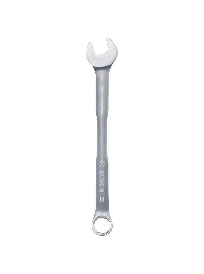 Llave combinada 11 mm Bosch Llave combinada Bosch de 11 mm con extremo de boca y estrella para ajuste y desajuste de tuercas y tornillos.