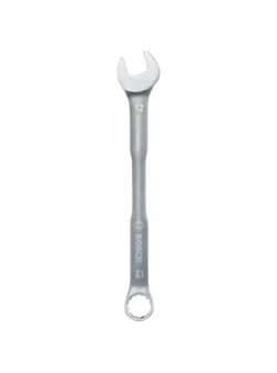 Llave combinada Bosch de 12 mm con extremo de boca y estrella para ajuste y desajuste de tuercas y tornillos.