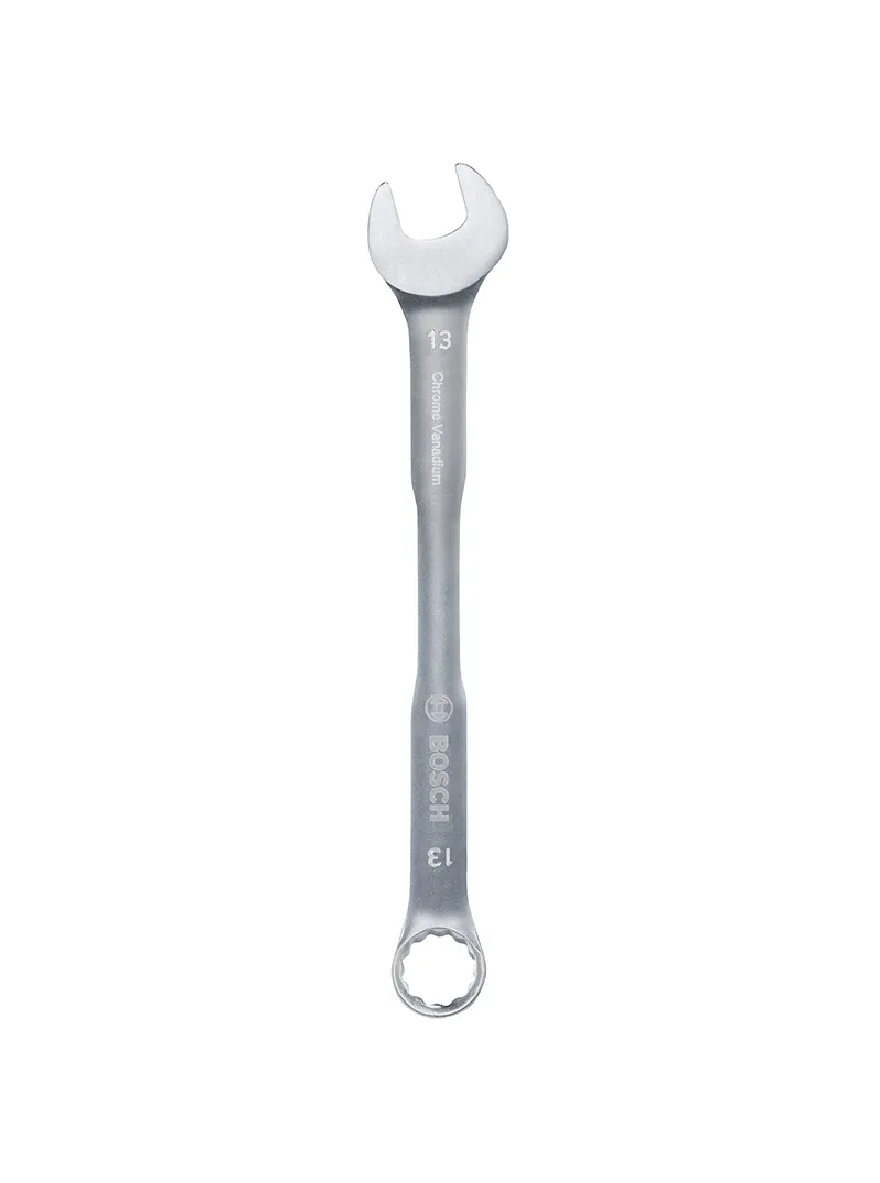 Llave combinada 13 mm Bosch Llave combinada Bosch de 13 mm con extremo de boca y estrella para ajuste y desajuste de tuercas y tornillos.