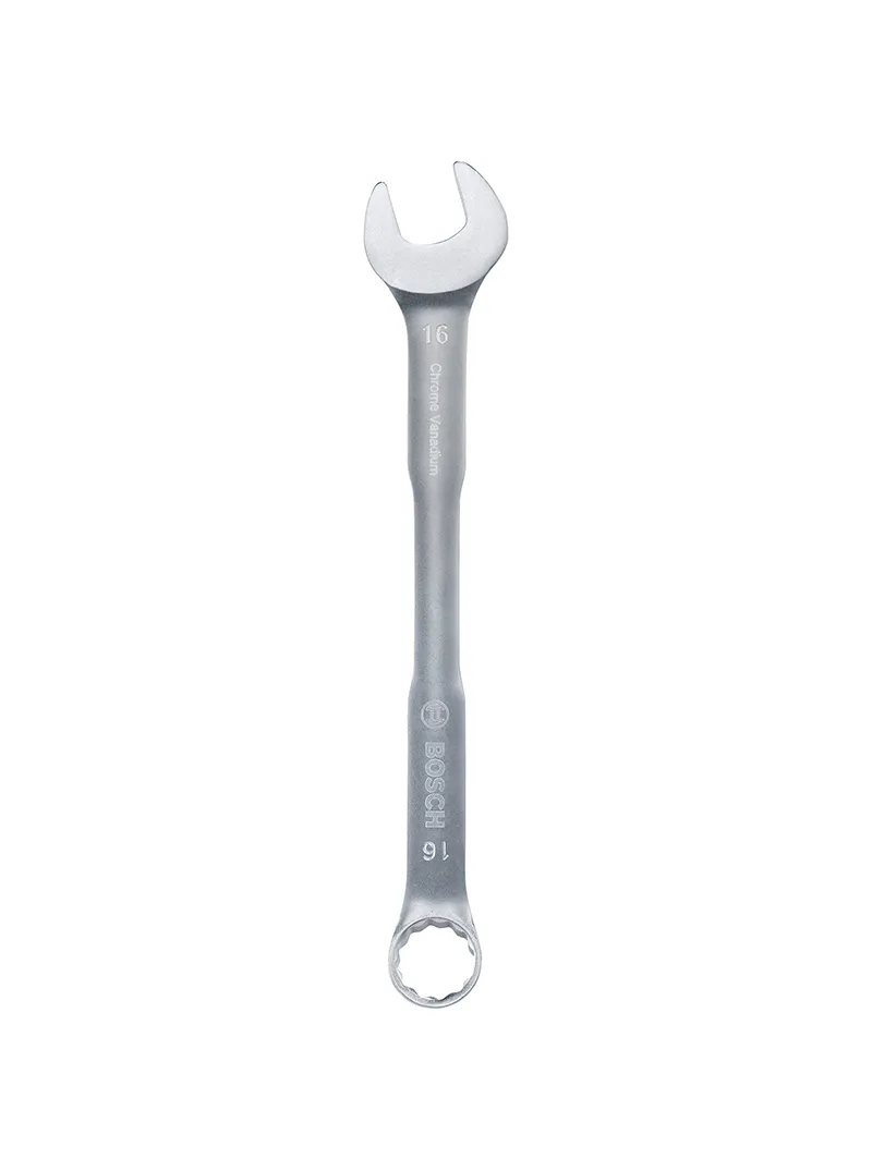 Llave combinada 16 mm Bosch Llave combinada Bosch de 16 mm con extremo de boca y estrella para ajuste y desajuste de tuercas y tornillos.