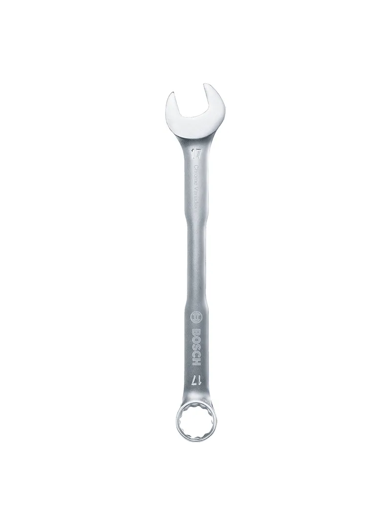 Llave combinada 17 mm Bosch Llave combinada Bosch de 17 mm con extremo de boca y estrella para ajuste y desajuste de tuercas y tornillos.