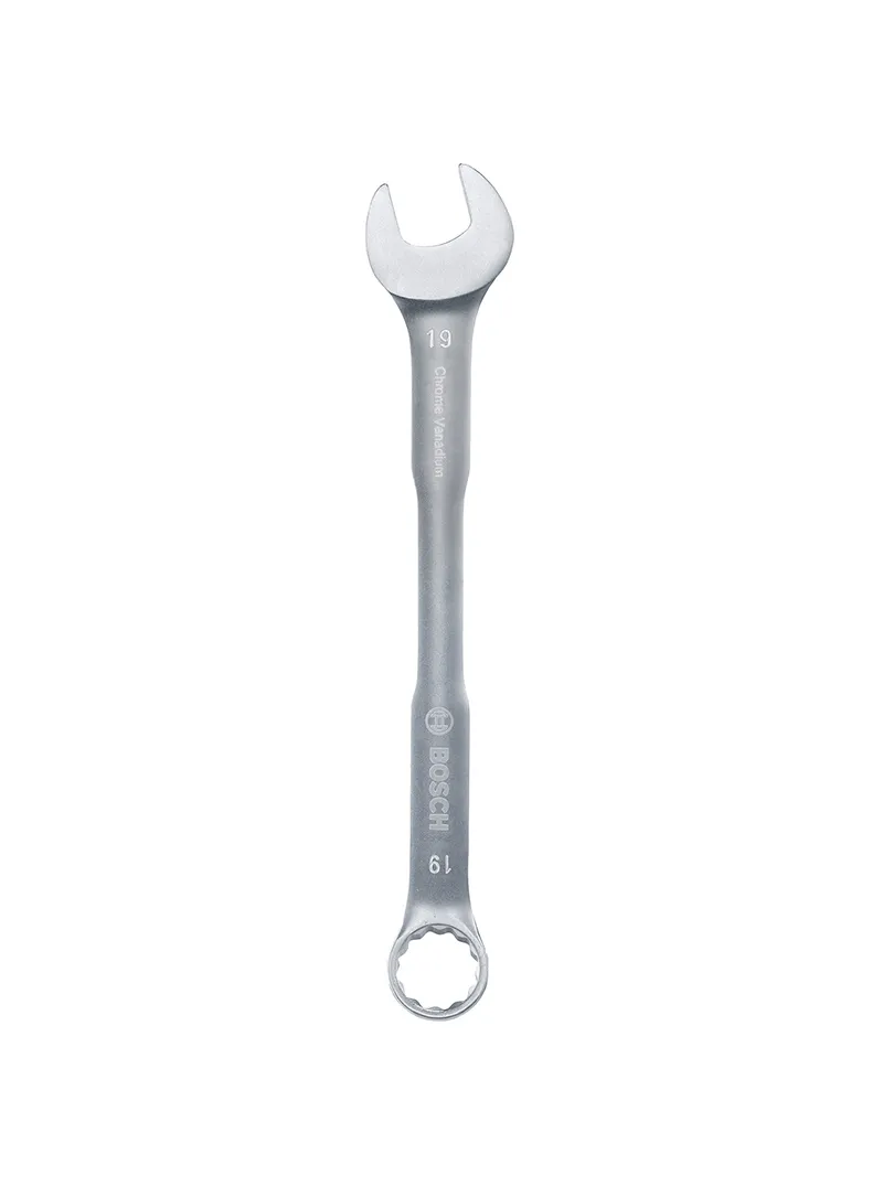 Llave combinada 19 mm Bosch Llave combinada Bosch de 19 mm con extremo de boca y estrella para ajuste y desajuste de tuercas y tornillos.