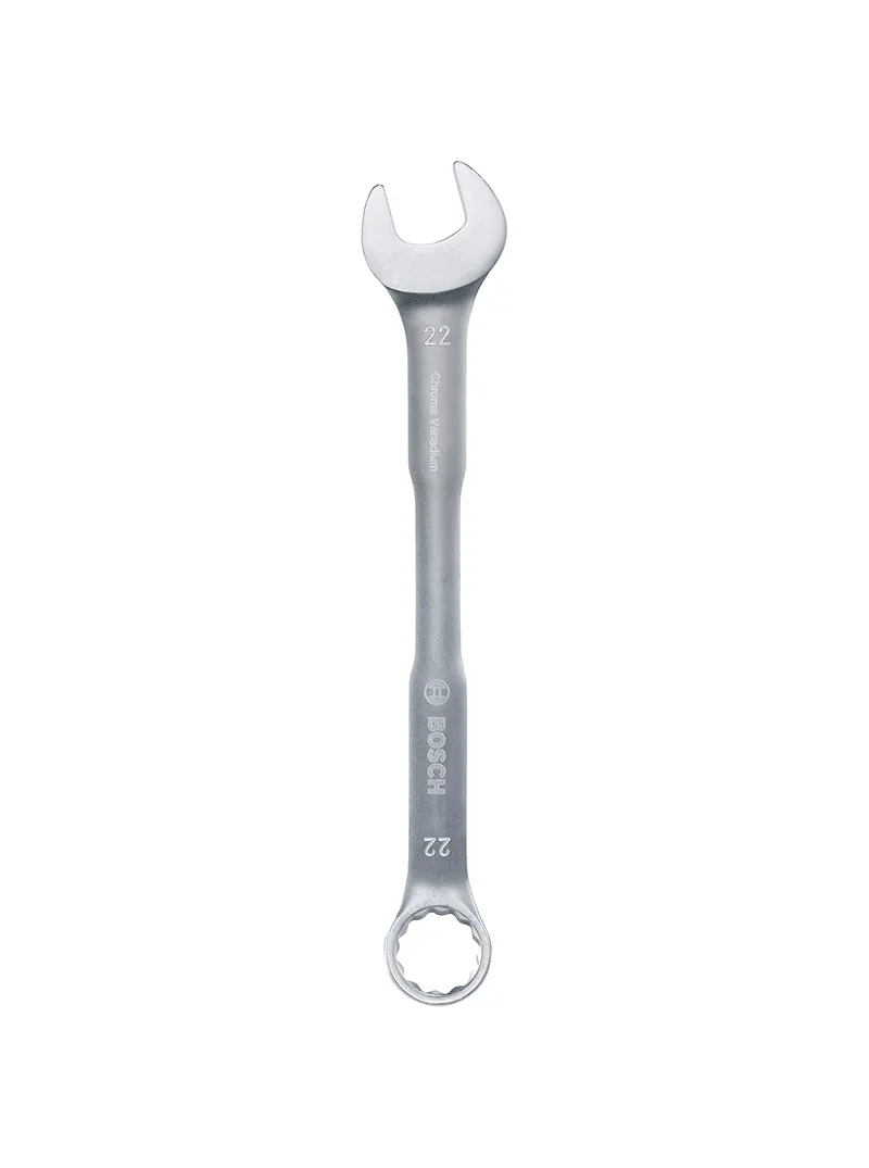 Llave combinada 22 mm Bosch Llave combinada Bosch de 22 mm con extremo de boca y estrella para ajuste y desajuste de tuercas y tornillos.