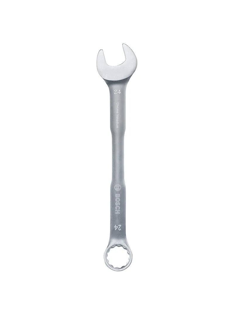 Llave combinada 24 mm Bosch Llave combinada Bosch de 24 mm con extremo de boca y estrella para ajuste y desajuste de tuercas y tornillos.