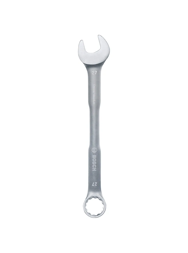Llave combinada 27 mm Bosch Llave combinada Bosch de 27 mm con extremo de boca y estrella para ajuste y desajuste de tuercas y tornillos.