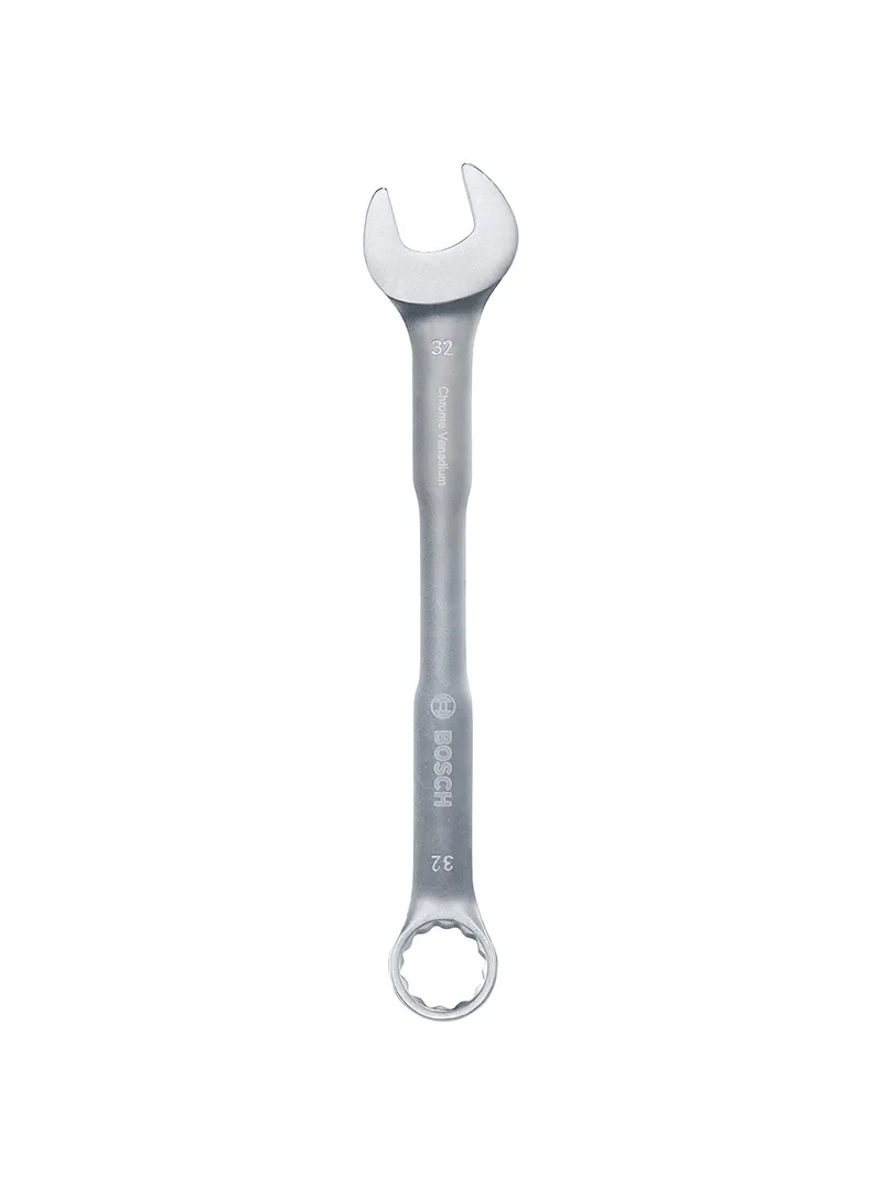 Llave combinada 32 mm Bosch Llave combinada Bosch de 32 mm con extremo de boca y estrella para ajuste y desajuste de tuercas y tornillos.