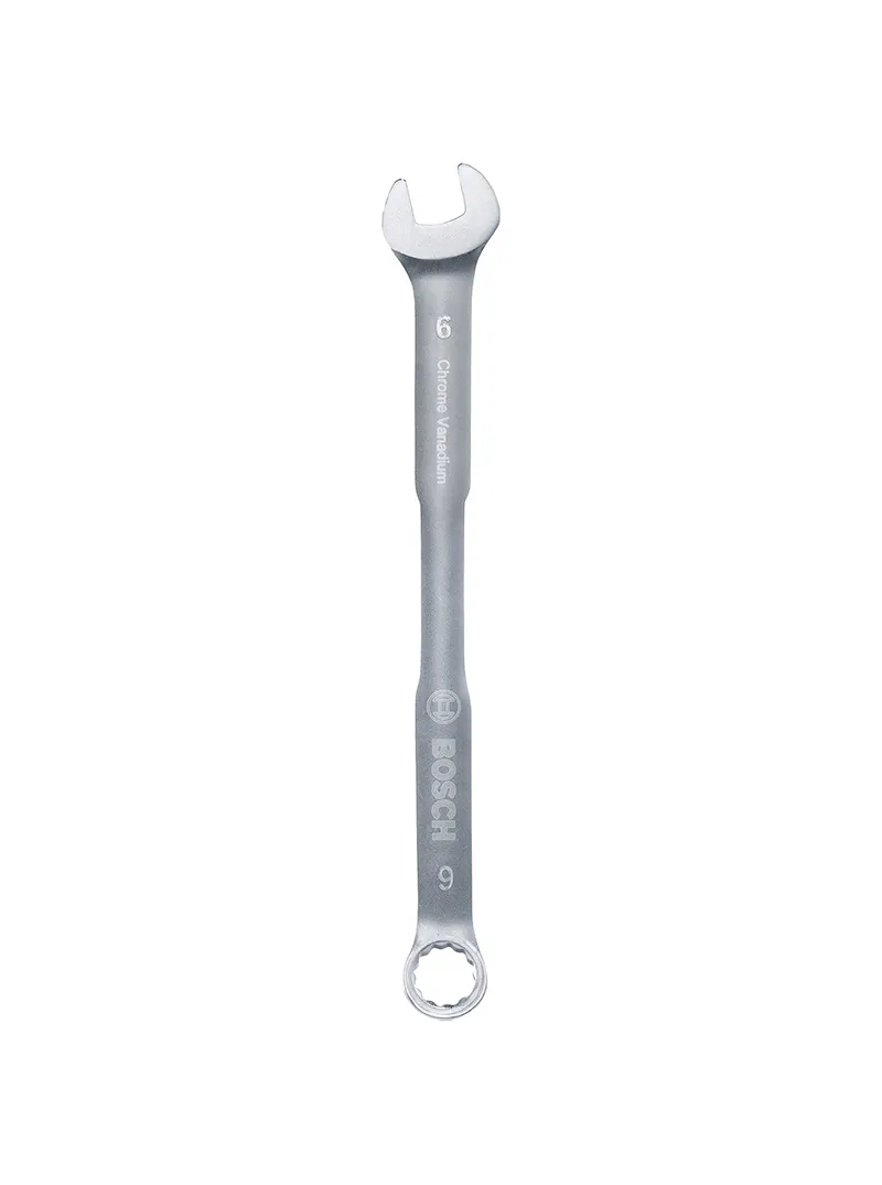 Llave combinada 6 mm Bosch Llave combinada Bosch de 6 mm con extremo de boca y estrella para ajuste y desajuste de tuercas y tornillos.