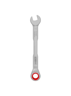 Llave combinada tipo rachet Bosch de 12 mm con extremo de boca y estrella de trinquete para ajuste y desajuste de tuercas y tornillos.