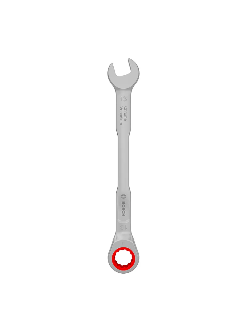 Llave combinada tipo rachet 13 mm Bosch Llave combinada tipo rachet Bosch de 13 mm con extremo de boca y estrella de trinquete para ajuste y desajuste de tuercas y tornillos.
