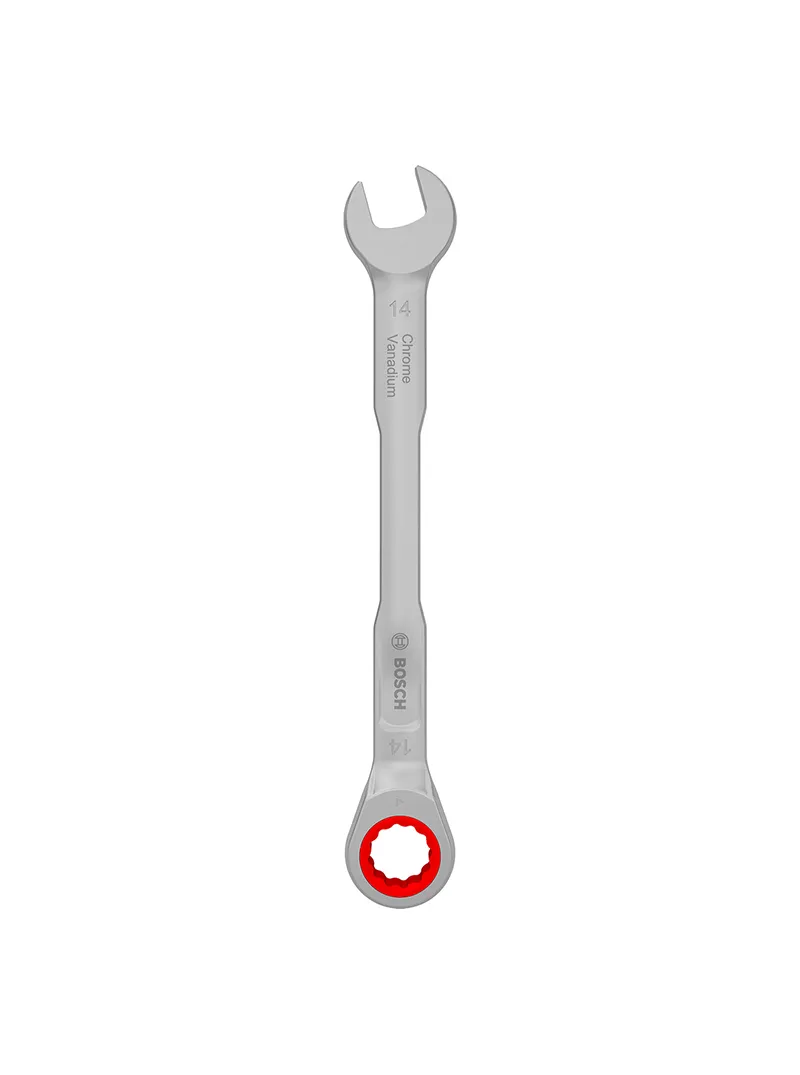 Llave combinada tipo rachet 14 mm Bosch Llave combinada tipo rachet Bosch de 14 mm con extremo de boca y estrella de trinquete para ajuste y desajuste de tuercas y tornillos.