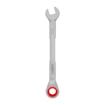 Llave combinada tipo rachet Bosch de 15 mm con extremo de boca y estrella de trinquete para ajuste y desajuste de tuercas y tornillos.