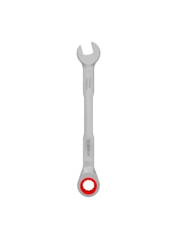 Llave combinada tipo rachet Bosch de 15 mm con extremo de boca y estrella de trinquete para ajuste y desajuste de tuercas y tornillos.