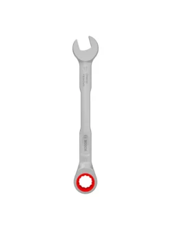 Llave combinada tipo rachet Bosch de 17 mm con extremo de boca y estrella de trinquete para ajuste y desajuste de tuercas y tornillos.