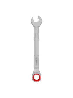 Llave combinada tipo rachet Bosch de 19 mm con extremo de boca y estrella de trinquete para ajuste y desajuste de tuercas y tornillos.