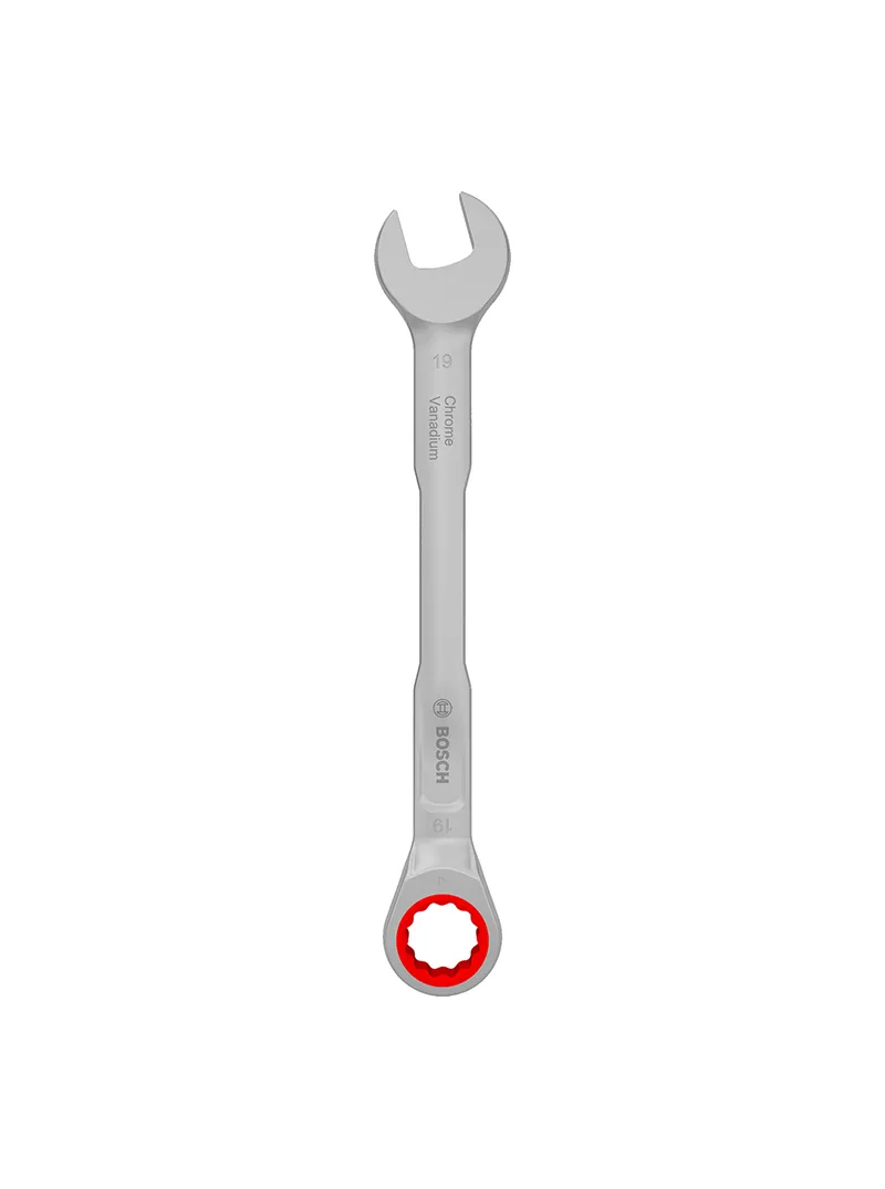 Llave combinada tipo rachet Bosch de 19 mm con extremo de boca y estrella de trinquete para ajuste y desajuste de tuercas y tornillos. Llave combinada tipo rachet Bosch de 19 mm con extremo de boca y estrella de trinquete para ajuste y desajuste de tuercas y tornillos.