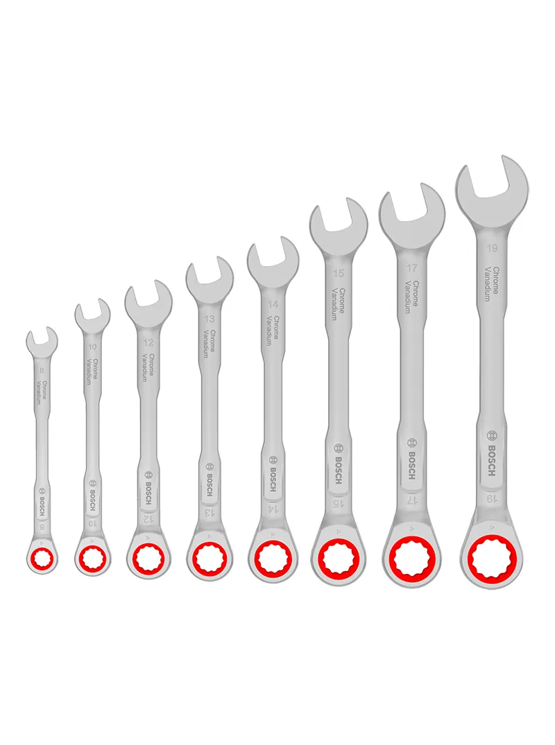 Juego de llaves combinadas tipo rachet 8 a 19 mm 8 piezas Bosch Juego de llaves combinadas tipo rachet Bosch de 8 piezas con medidas de 8 a 19 mm para ajuste y desajuste de tuercas y tornillos.