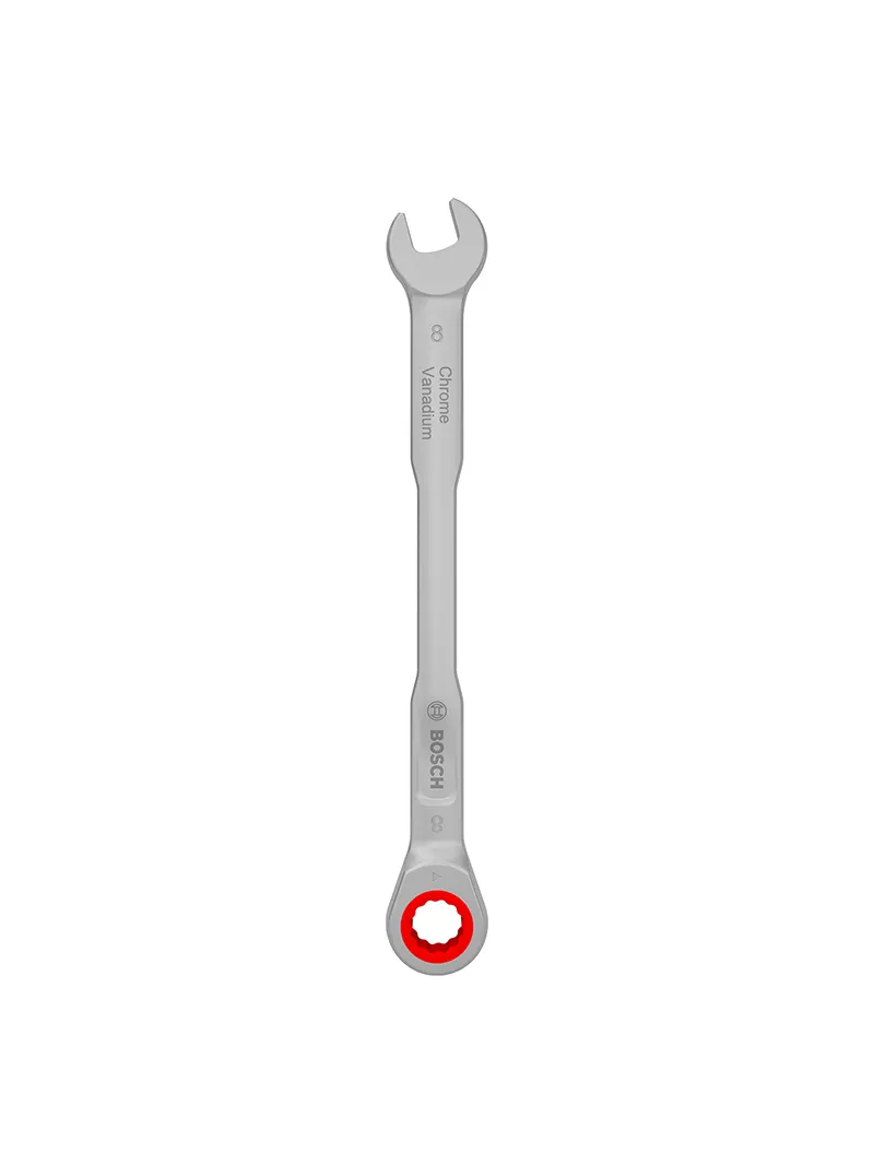 Llave combinada tipo rachet 8 mm Bosch Llave combinada tipo rachet Bosch de 8 mm con extremo de boca y estrella de trinquete para ajuste y desajuste de tuercas y tornillos.
