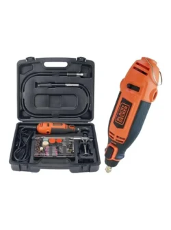 Mototool eléctrico Black + Decker RT18KA-B3 de 130V con eje flexible y 113 accesorios para corte, lijado, pulido y grabado.