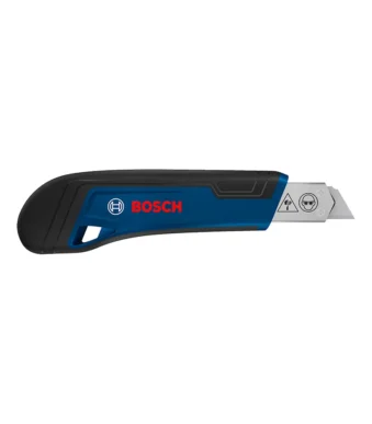 Navaja o bisturí retráctil Bosch con cuchilla de 18 mm para cortes precisos en diferentes materiales.