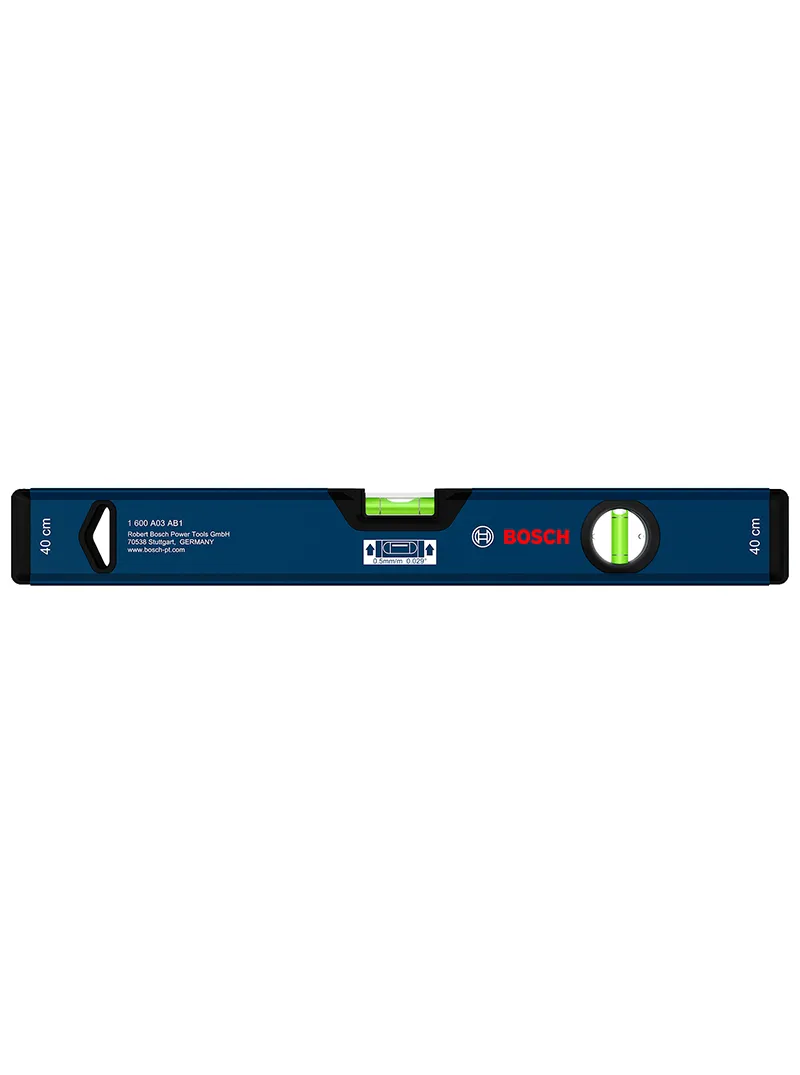 Nivel de burbuja 40 cm 16" Bosch Nivel de burbuja Bosch de 40 cm y 16 pulgadas para verificar nivelación horizontal, vertical y alineación en trabajos de construcción.