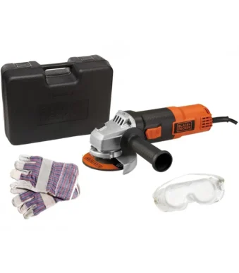 Pulidora mini Black + Decker G720XK-B3 de 920W y 4.1/2 pulgadas con gafas y guantes para corte, desbaste y pulido.