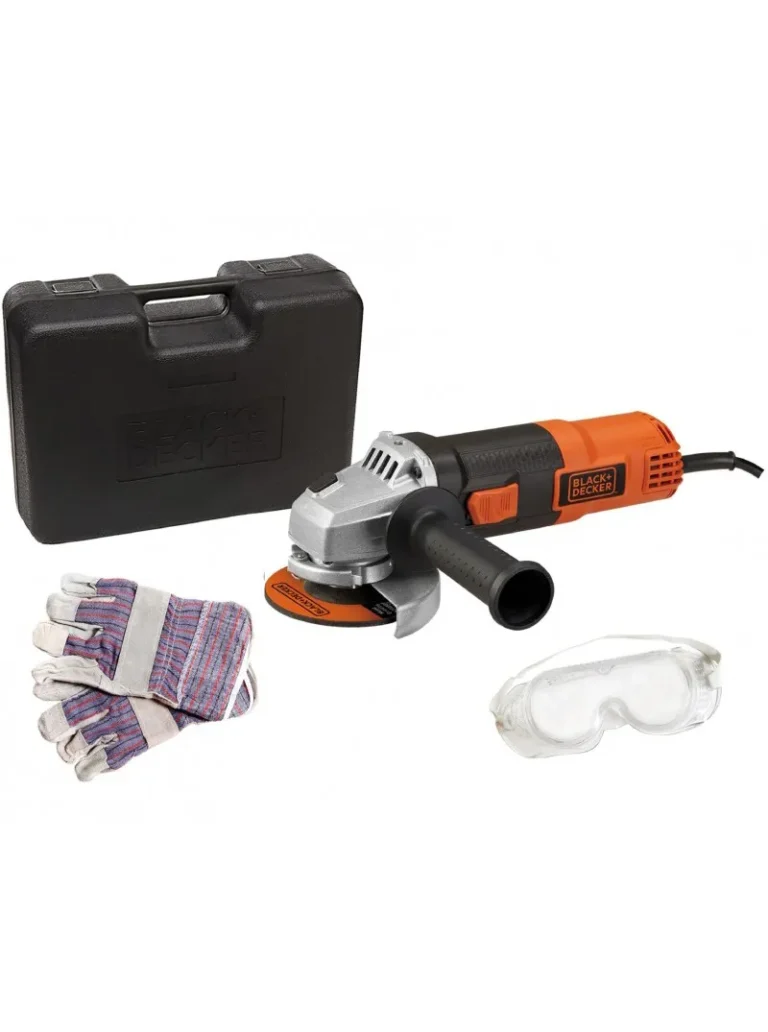 Pulidora mini Black + Decker G720XK-B3 de 920W y 4.1/2 pulgadas con gafas y guantes para corte, desbaste y pulido.