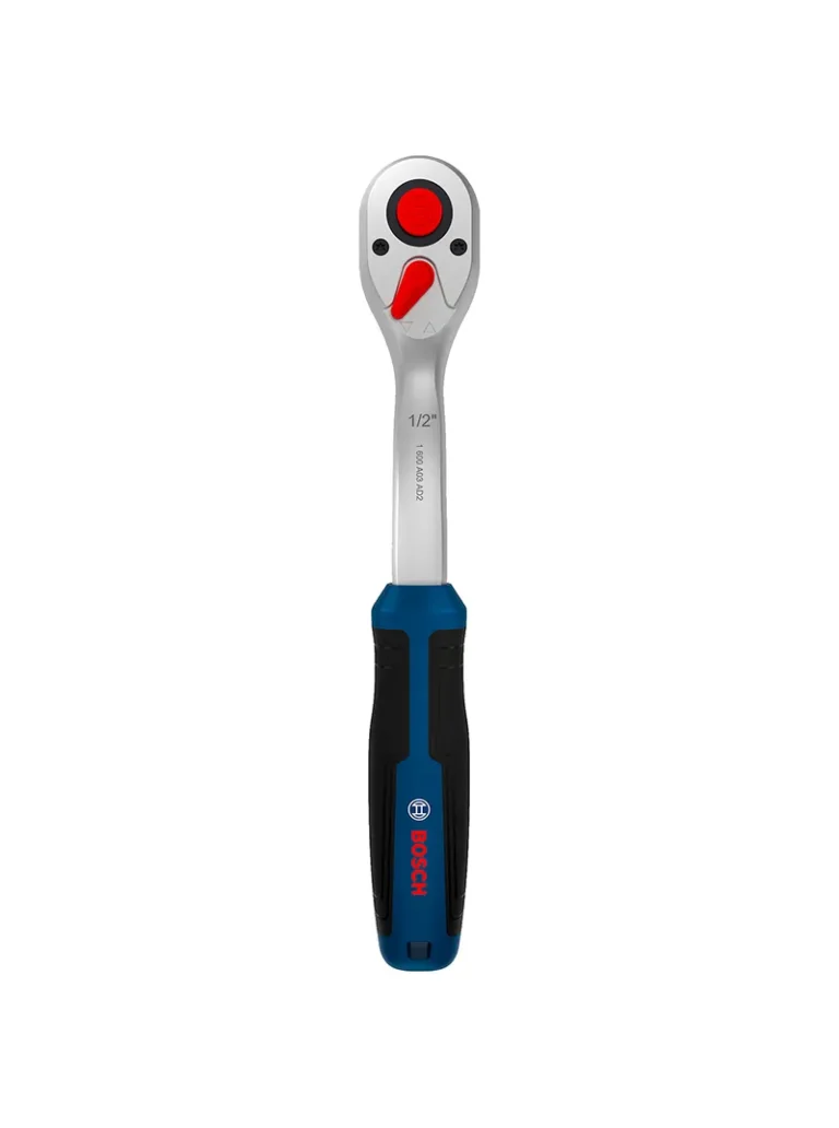 Rachet reversible Bosch de 1/2 pulgada con mecanismo de 72 dientes para ajuste y desajuste de tuercas y tornillos.