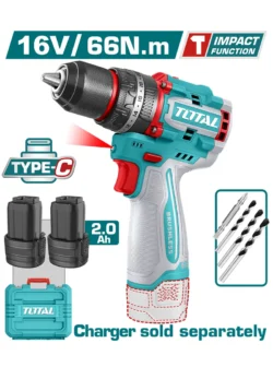 Taladro percutor TOTAL 16V con motor sin escobillas y par máximo de 66 Nm