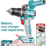 Taladro percutor inalámbrico de 20 V con motor sin escobillas y mandril metálico de 13 mm.