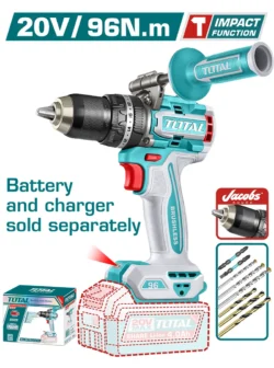 Taladro percutor inalámbrico de 20 V con motor sin escobillas y mandril metálico de 13 mm.