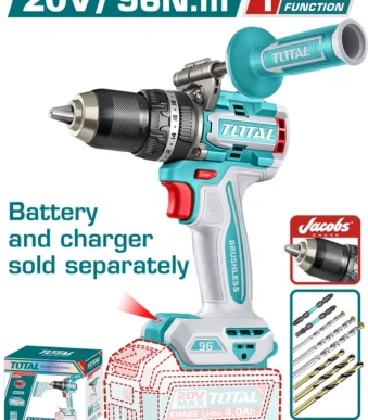 Taladro percutor inalámbrico de 20 V con motor sin escobillas y mandril metálico de 13 mm.