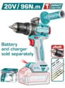Taladro percutor inalámbrico de 20 V con motor sin escobillas y mandril metálico de 13 mm.