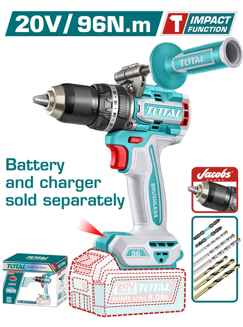 Taladro Percutor Inalámbrico 20 V Brushless Taladro percutor inalámbrico de 20 V con motor sin escobillas y mandril metálico de 13 mm.