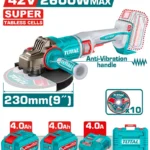 Esmeril angular TOTAL 42V con motor sin escobillas y disco de 9 pulgadas