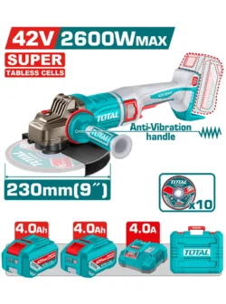 Esmeril angular TOTAL 42V con motor sin escobillas y disco de 9 pulgadas