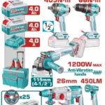 Juego de herramientas inalámbricas TOTAL 20 V con taladro percutor, llave de impacto, amoladora, martillo rotativo y lámpara