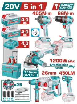 Juego de herramientas inalámbricas TOTAL 20 V con taladro percutor, llave de impacto, amoladora, martillo rotativo y lámpara