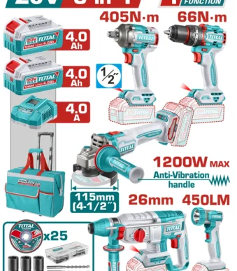 Juego de herramientas inalámbricas TOTAL 20 V con taladro percutor, llave de impacto, amoladora, martillo rotativo y lámpara