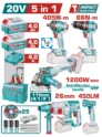 Juego de herramientas inalámbricas TOTAL 20 V con taladro percutor, llave de impacto, amoladora, martillo rotativo y lámpara