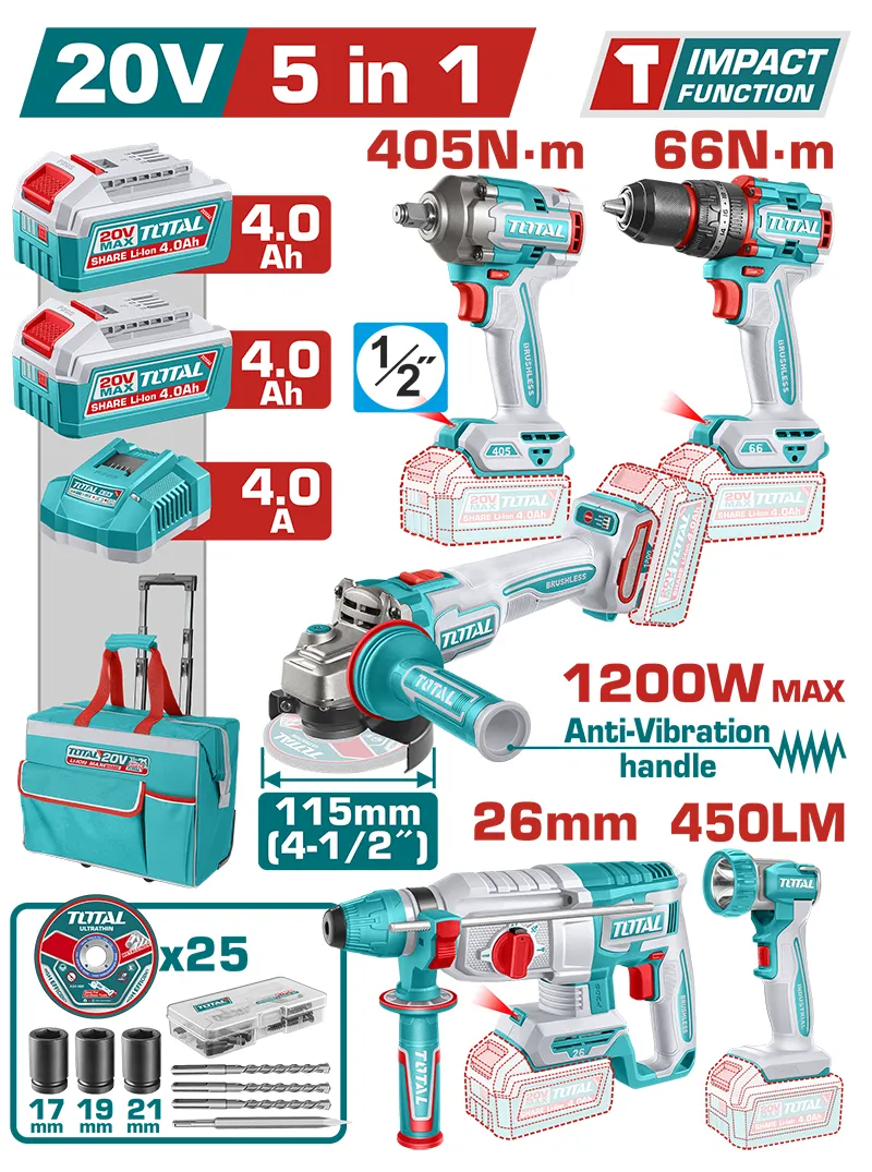 Juego de herramientas inalámbricas TOTAL 20 V Brushless Juego de herramientas inalámbricas TOTAL 20 V con taladro percutor, llave de impacto, amoladora, martillo rotativo y lámpara